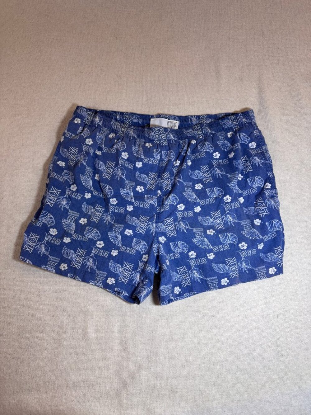 Vintage 90s Hawaiian Swim Trunks Mens L Blue Seashell Hibiscus Surf Beach